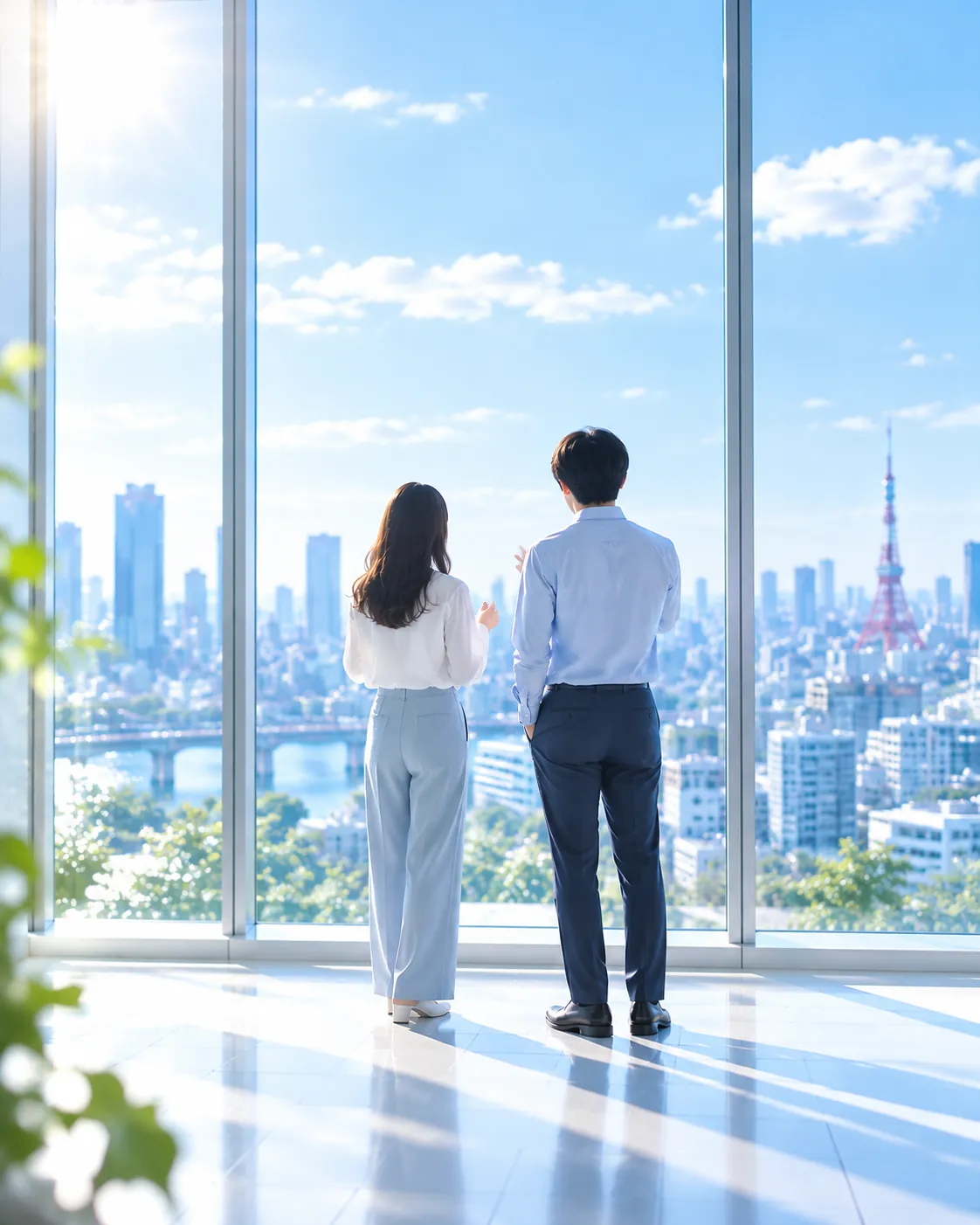 明るいオフィスで、窓の外を見ながら並んで話す2人の後ろ姿